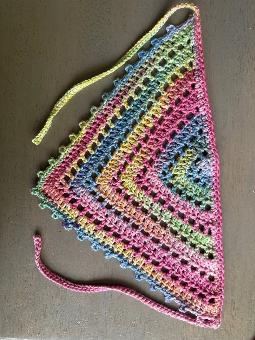 Handmade Crocheted Bandana Hair Scarf Kerchief in Pastel Rainbow 100% Cotton